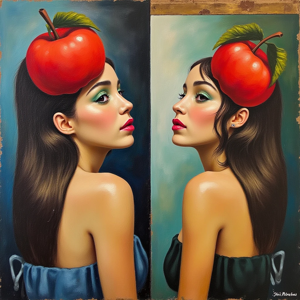 Abstract Surrealist cubist painting depicting a woman with green eyes and a red apple on her head looking at herself in the mirror. , <lora:Alba_Baptista_FLUX_v1-000058:1>