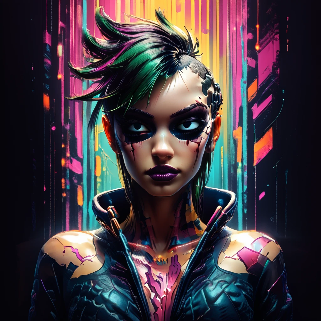 core_9, score_8_up, score_7_up,  <lora:NeonFantasyPony:1> ArsFriends, masterpiece, ((inkpunk cell-shaded style)), realistic painting, portrait of a beautiful cyberpunk girl, mad-cybrpnkimprss, abstract background of cyberpunk street