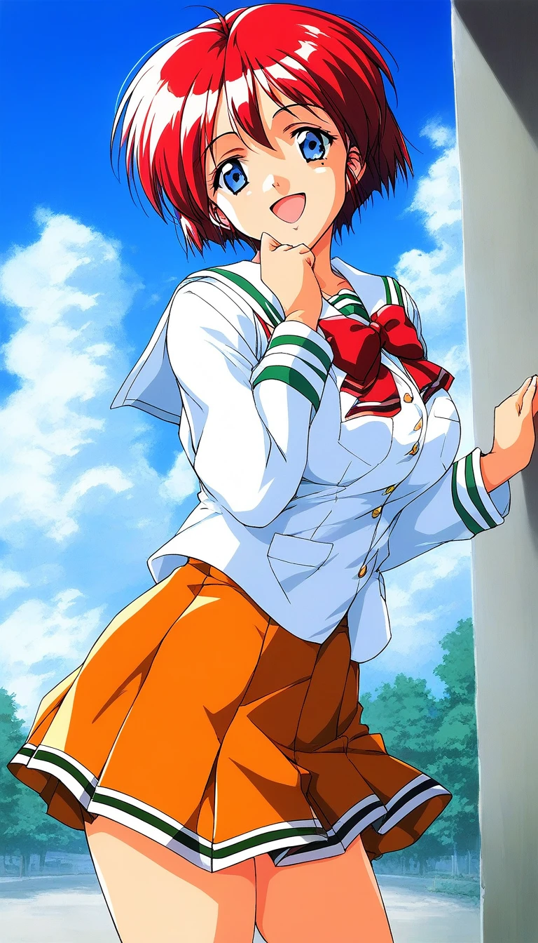 score_9, score_8_up, score_7_up, source_anime, rating_explicit, BREAK  <lora:Hinomoto_Hikari_XL:1> Hinomoto_Hikari, red hair, short hair, blue eyes, breasts, bangs
 solo, 1990s (style),  skirt,  day, green school uniform, 
outdoors, orange skirt, smile, bow, open mouth, sky, 
smile,
looking at viewer, 
cowboy_Shot,