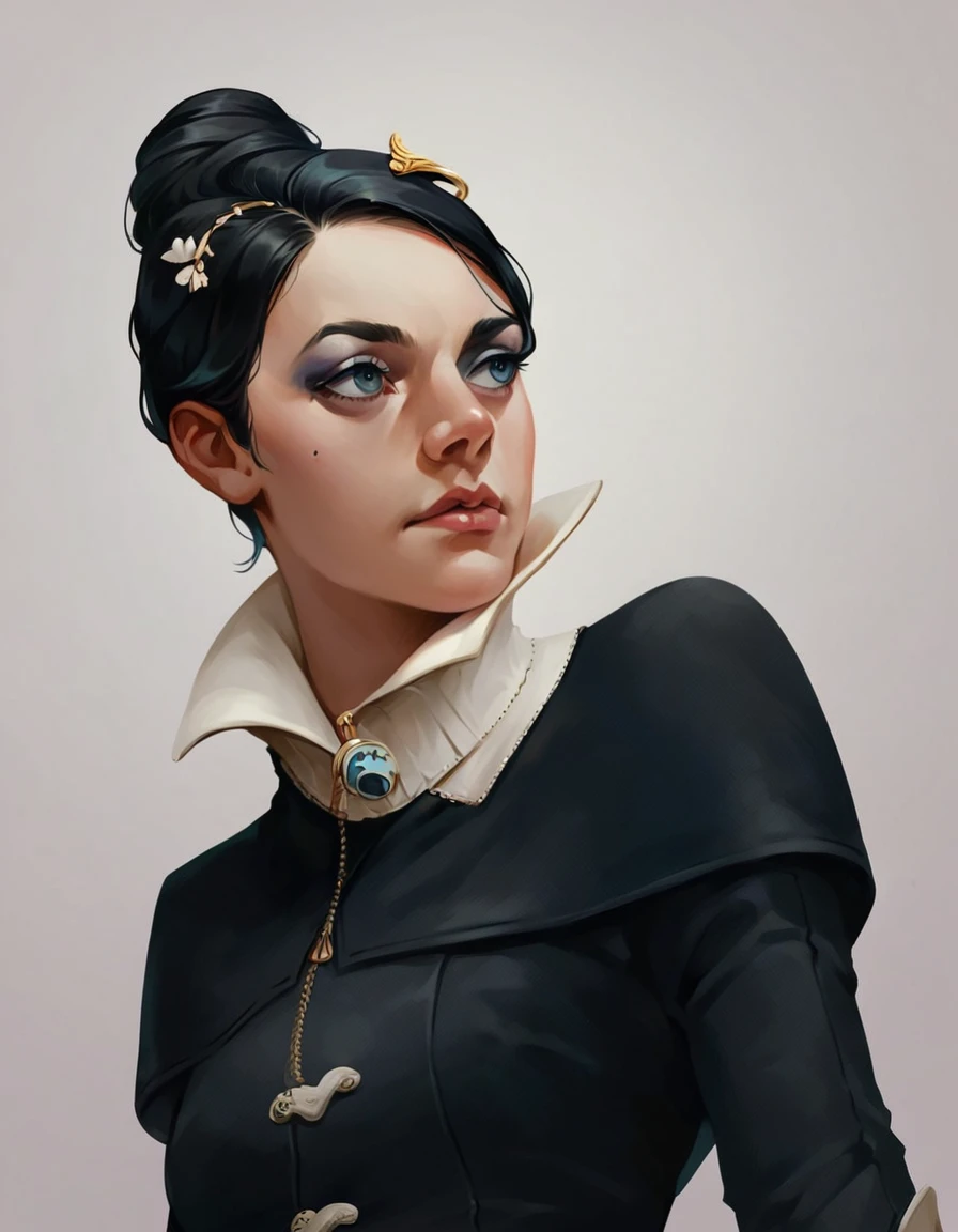 <lora:dishonored_xr_jessamine_v1.1b:0.70> score_9, score_8_up, score_7_up, jessamine, a woman in a black suit with a white collar  hair bun, art, 2d, black hair,