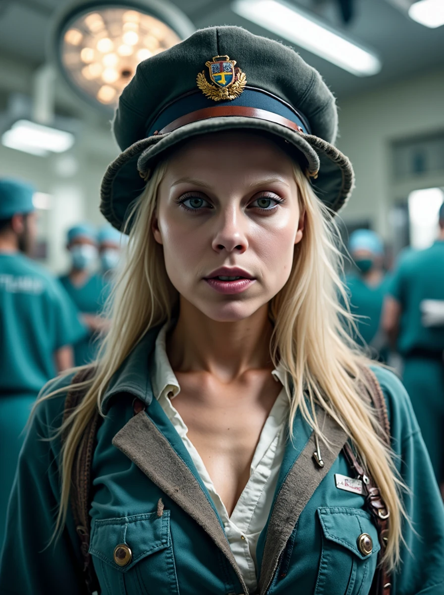 close-up portrait photo of a face of a blonde woman seductive with a cool expression, she is wearing a relentless shark hunter's maritime outfit with a weather-beaten hat, a wool sweater, and salt-stained trousers at a meticulously clean and brightly lit operating room where a team of doctors perform a complex procedure under the watchful eye of an ominous authority figure, the sterile environment contrasting sharply with the underlying tension and dread. <lora:yolandilora:1.2> yol4ndi