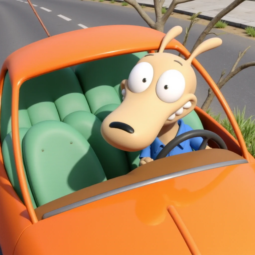 This image is a digital 3d render style, The main subject is a light brown, anthropomorphic kangaroo with a large head, wide eyes, and a small mouth, looking out from the driver's seat of a orange car. The rockosmodellife is wearing a blue shirt with a collar. The background inside the car is light green, with a simple, curved design suggesting the seat. Outside the car, a large,dead tree is visible in the background, providing a sense of decay. The car's window frame is orange, The overall color palette is bright and cheerful, . The scene is set outdoors, with the car driving through post apocalyptic environment.  <lora:[FLUX]RockosmodellifeV1:1>