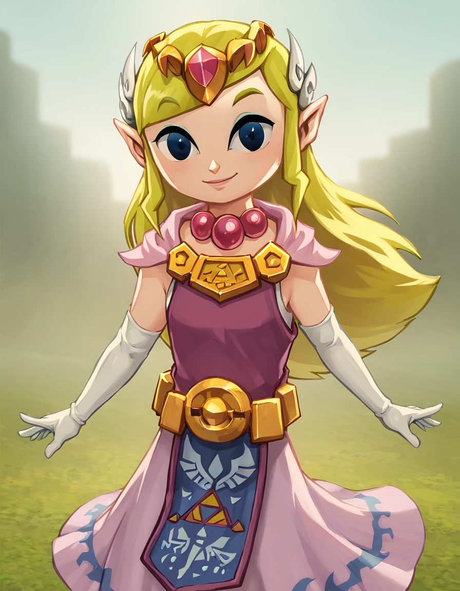 <lora:ToonZelda1.5:1> toonzelda, 1girl, solo, pointy ears, pink dress, long hair, hair ornament, capelet, blonde hair, tabard, elbow gloves, pearl necklace, low poly, blue eyes, belt, smile, looking at viewer,
, score_9, score_8_up, score_7_up, score_6_up, score_5_up, score_4_up