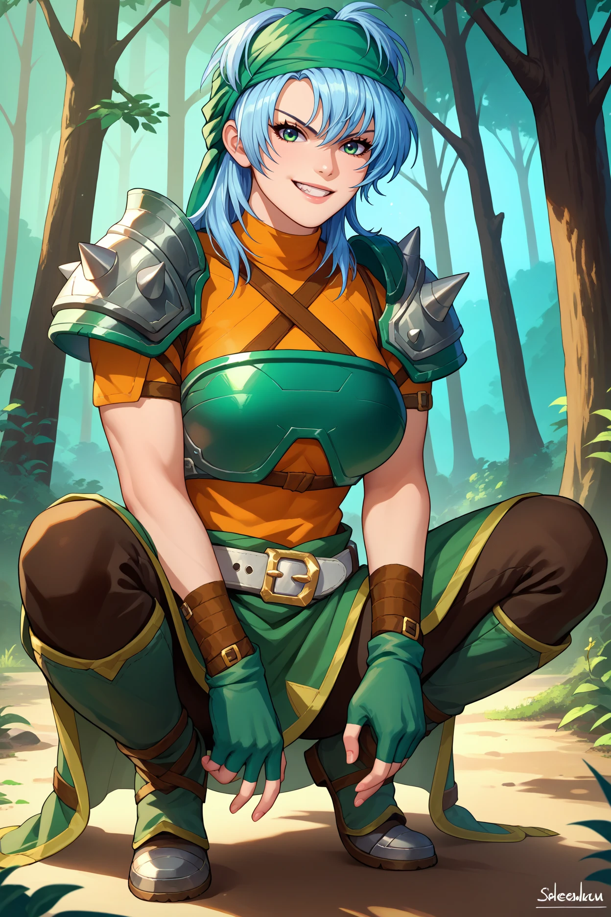 score_9, score_8_up, score_7_up, score_6_up, source_anime, 1girl, solo,  <lora:feechidna-pdxl-nvwls-v1-000005:1> feechid, light blue hair, green eyes, green bandana, green armor, breastplate, shoulder armor, orange shirt, shoulder spikes, belt, green skirt, bracelet, green gloves, fingerless gloves, forest, fit, smirk, grin, looking at you, squatting, boots, forest, blue sky, big breasts