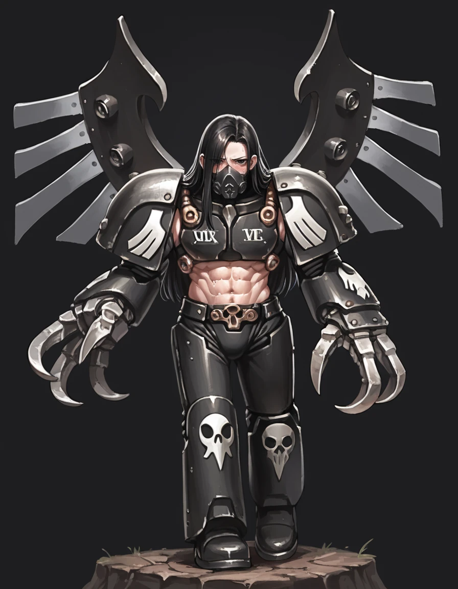 score_9, score_8_up, score_7_up, 2d, source_anime, cartoon, full body, black background,
ravenguarddarkfury, power armor,  mask, blush, looking at viewer, mechanical wings, claws, jetpack,
pale skin, sweaty, long hair, black hair, midriff, abs, pale skin, black eyes, solid eyes,
maure female, curvy,
<lora:RavenGuardDarkFury_PonyXL:0.7>