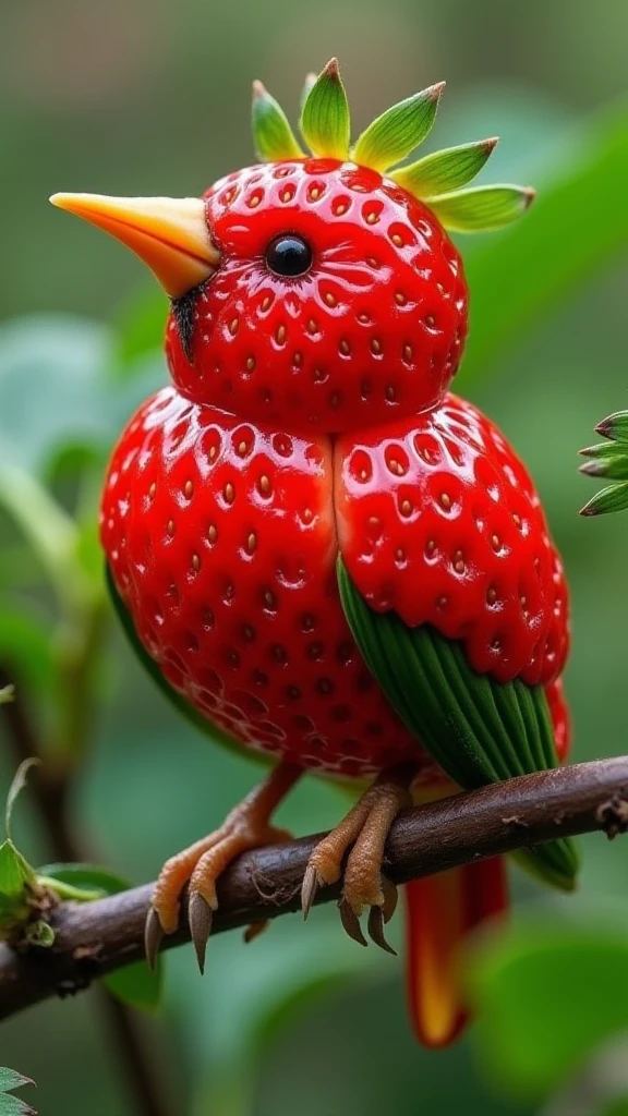 a whimsical strawberry bird,realistic photo,