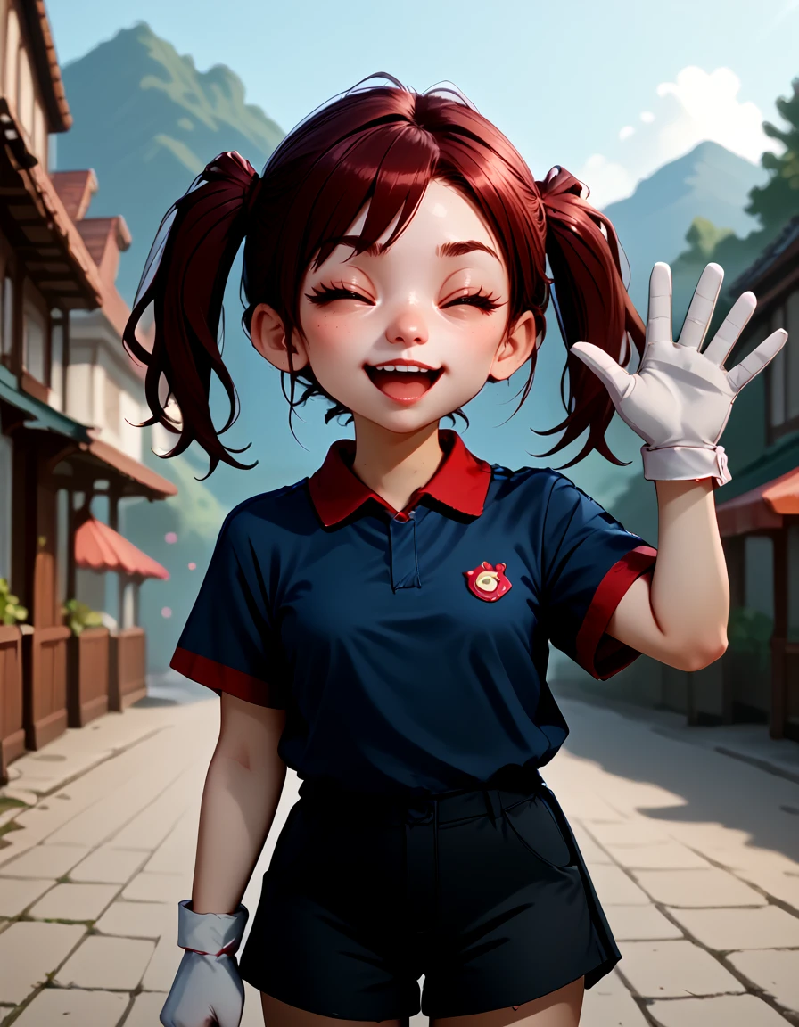 <lora:Plum V3 Pony:0.9> plum, 3d, low poly, plum, 1girl, solo, brown hair, pigtails, dark blue shirt, red collar, red cuffs, white gloves, black shorts, portrait, looking at viewer, eyes closed, laughing, waving,, source_cartoon, score_9, score_8_up, score_7_up, score_6_up, score_5_up, score_4_up,