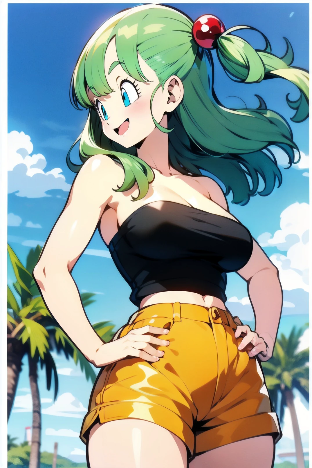 1girl, bulma_brief,  <lora:bulma_brief_v3:1>, green eyes, laugh, aqua hair, bangs, long hair, (one side up:1.2), thick, large breasts, bare shoulder, pink tube top, hair bobbles , orange shorts, salute, hand on own hip, diagonal composition, dragonball style, outdoor, palm_tree, (wind:1.2), (masterpiece:1.4), extremely detailed, (high resolution), (best quality),