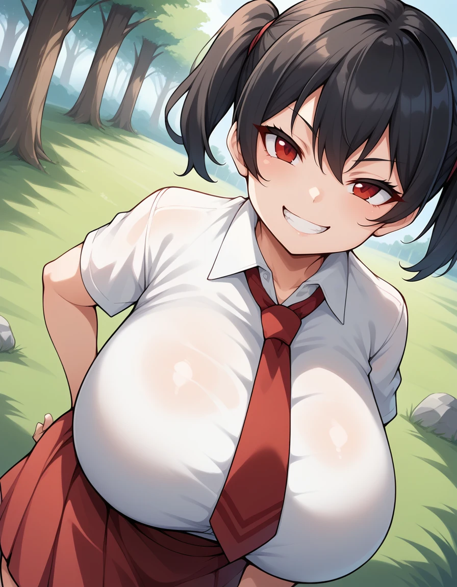 nemona \(pokemon\), white collared blouse, buttoned blouse, orange necktie, outside, mountain trail, happy, freckles, standing, holding pokeball, seductive smile, curvy adult, ((gigantic breasts:1.5)), breast press, looking up, close-up, bare breasts, pulled up shirt, lying on the ground