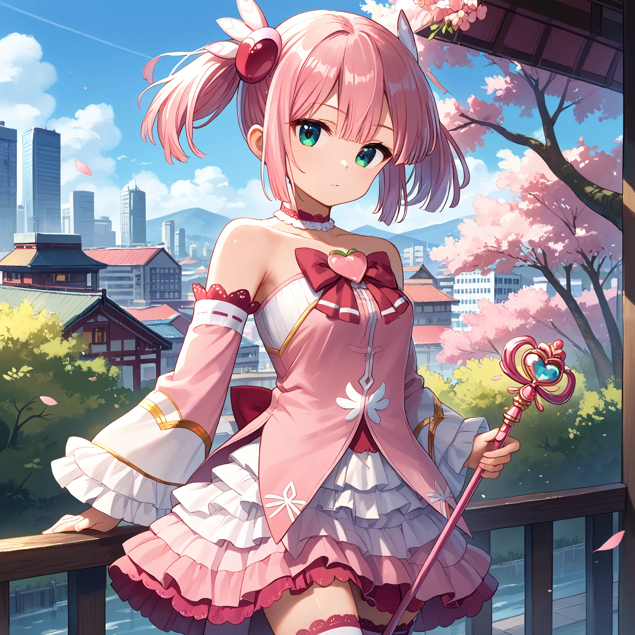 score_9, score_8_up, score_7_up, score_6_up, score_5_up, score_4_up, BREAK source_anime, look at viewer, rating_safe, 1girl, solo, city, cherry blossom, railing, masterpiece, best quality, high detailed skin,    chiyoda momo, blue eyes, pink hair, short hair, momo magic, magical girl, short twintails, wing hair ornament  pink bowtie, pink choker, bare shoulders, detached sleeves, pink skirt, layered skirt, frilled sleeves, frilled skirt, lace-trimmed choker, frilled thighhighs, thighhighs, holding wand,