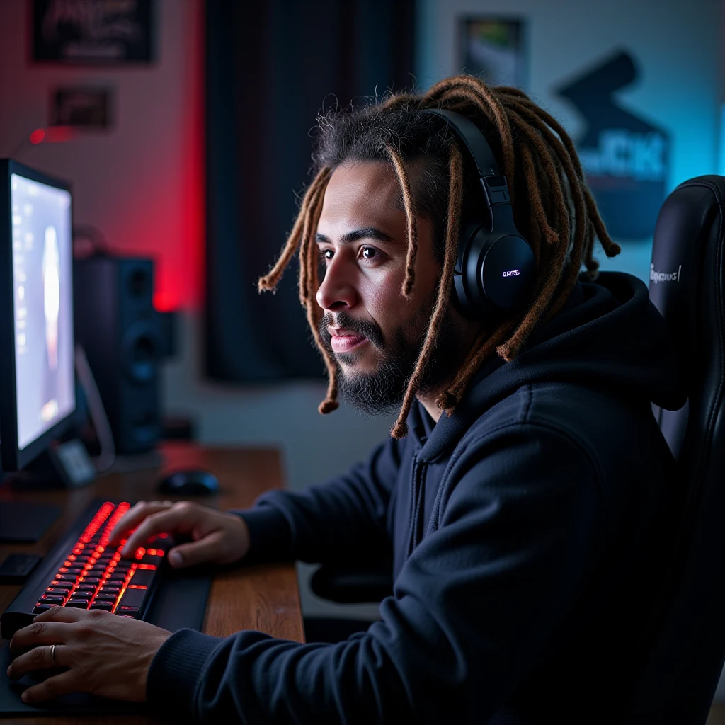 A realistic z3usgh0stzman with dreads, gamer computer room, 8k, hd, ultra realistic