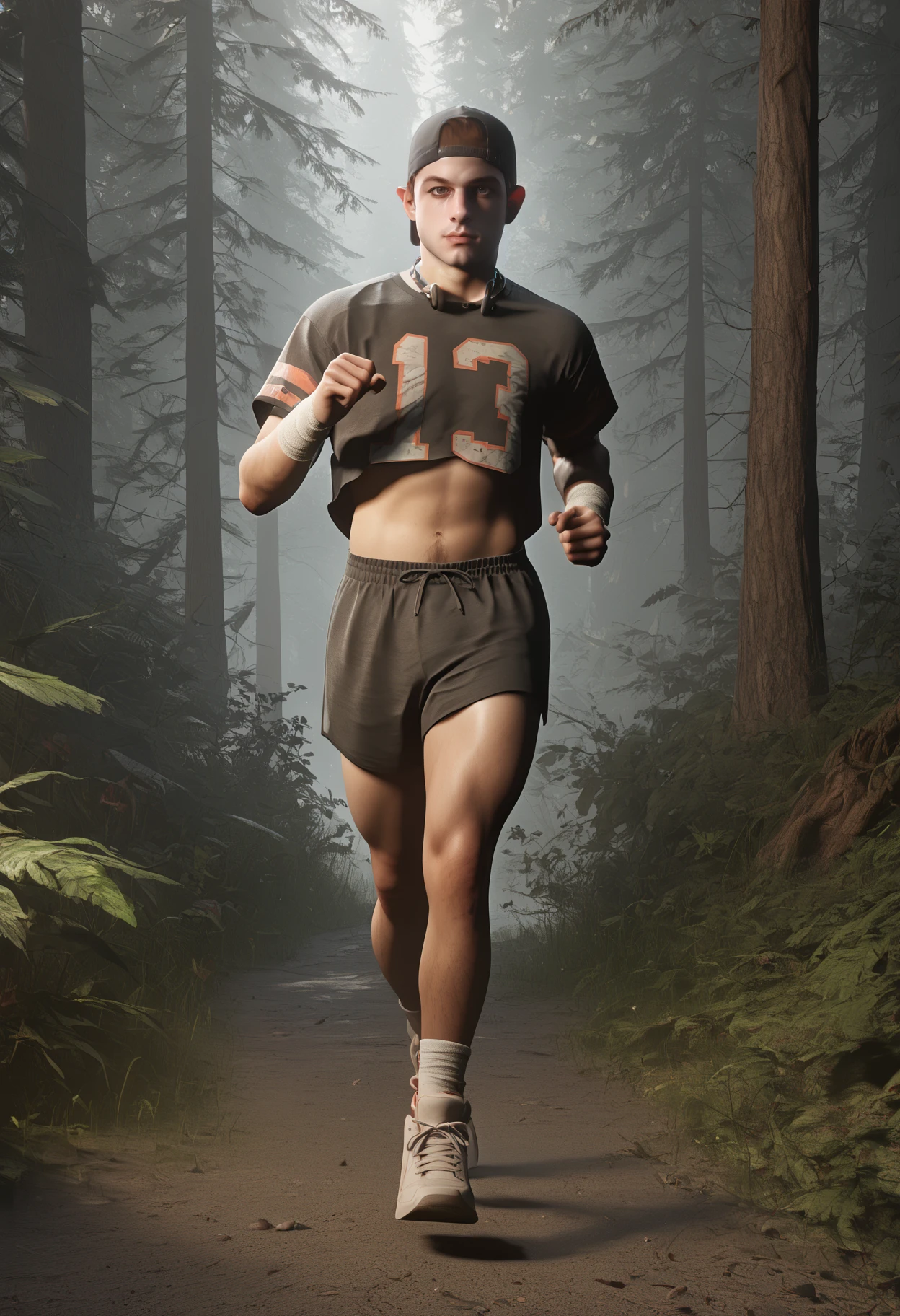 score_9, score_8_up, score_7_up, 3d <lora:jacob_custos_pony_epoch_7:1> 1boy, male 80s_jacob_custos, crop top jersey, jogging, small black shorts, headphones, sneakers, cap, wristbands, forest, looking at viewer, confident expression