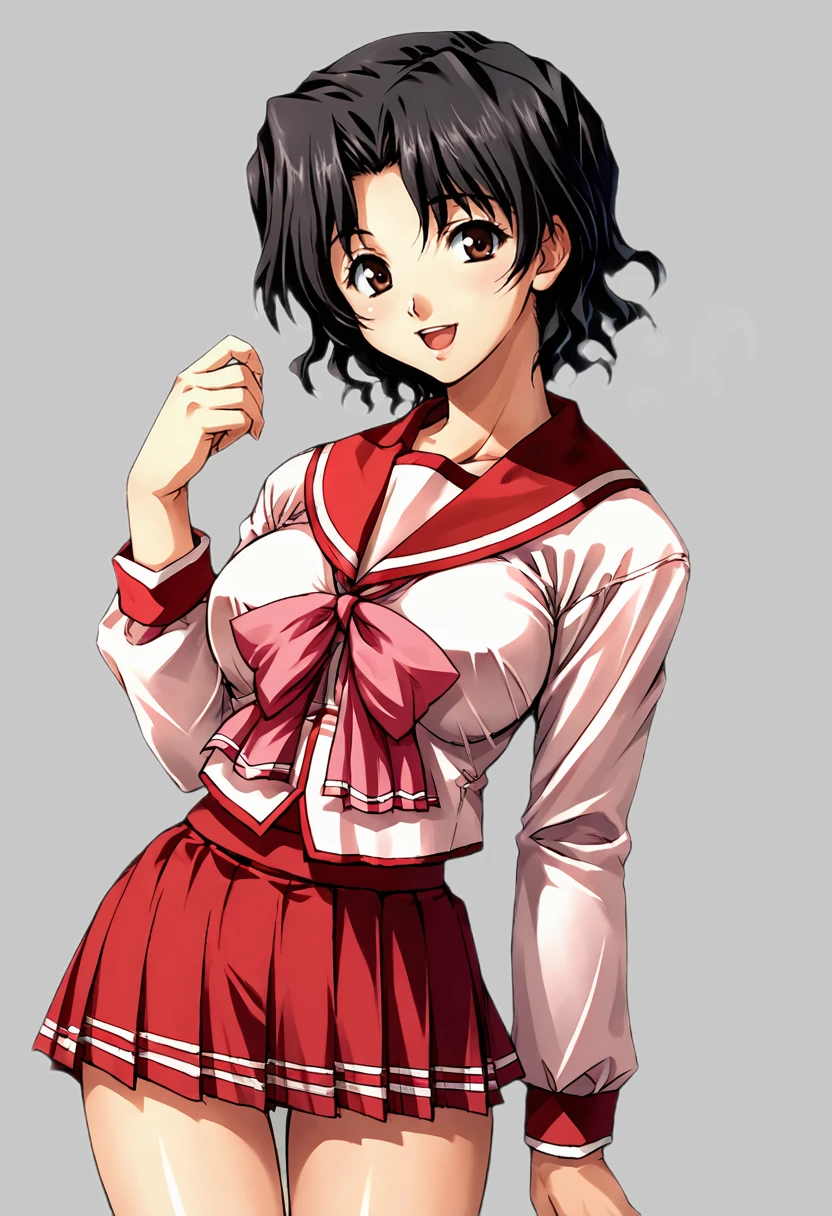 score_9, score_8_up, score_7_up, source_anime BREAK 1girl, solo, <lora:toheart_haruka:1>, toheart_haruka, school uniform, serafuku, red sailor collar, pink bowtie, long sleeves, red skirt, mini skirt, large breasts, black hair, wavy hair, short hair, parted bangs, brown eyes, looking at viewer, smile, open mouth, simple background