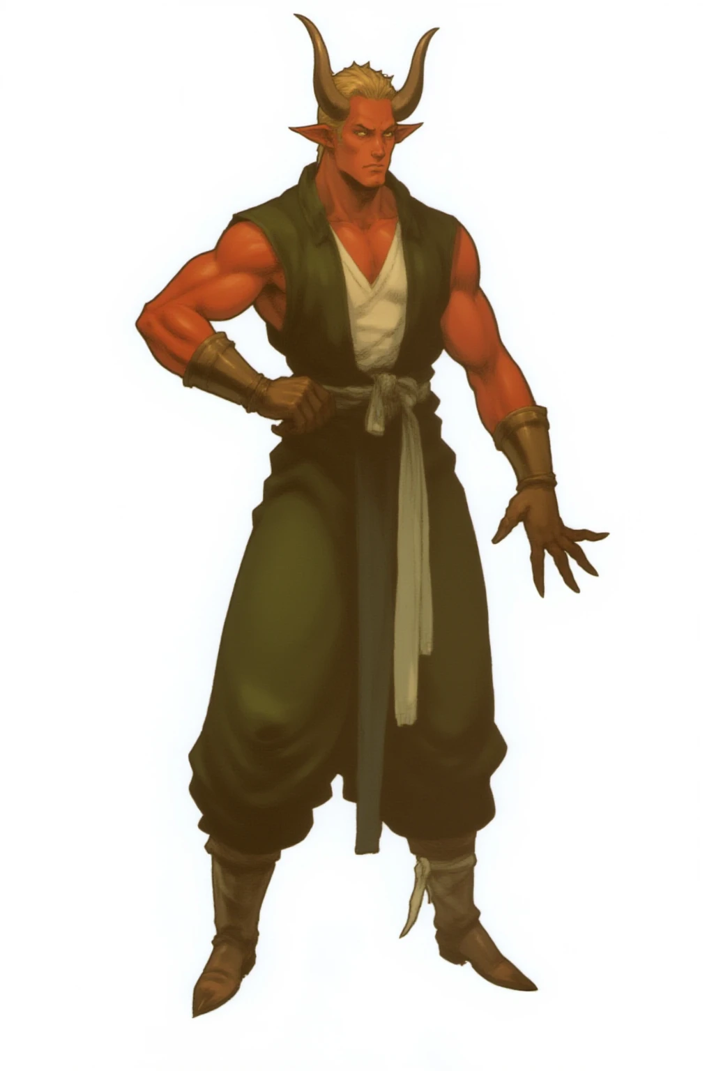 full-body medieval fantasy character of a male Tiefling man with distinct, demonic features,  simple background, white background,  he has short, (blonde hair), red skin, Slender and muscular, and two prominent, curved horns protruding from his forehead,  his eyes are a vivid, glowing yellow, adding a supernatural element to his appearance.  his ears are elongated and pointed, characteristic of a demon,  a male Tiefling monk is dressed in a dark green sleeveless vest over a white, sleeveless tunic,  The tunic is tied at the waist with a green bandage belt wrapped around the waist,  and the vest has a series of white, tassel-like adornments along the edges, The creature's lower body is wrapped in a dark green cloth, secured with a green bandage belt,  and natural green leggings under the cloth, Green wraps are also tied around the warriorâs feet, giving the impression of bandaged boots.  The characterâs hands are adorned with similar green wraps bandage elbow-length gloves,