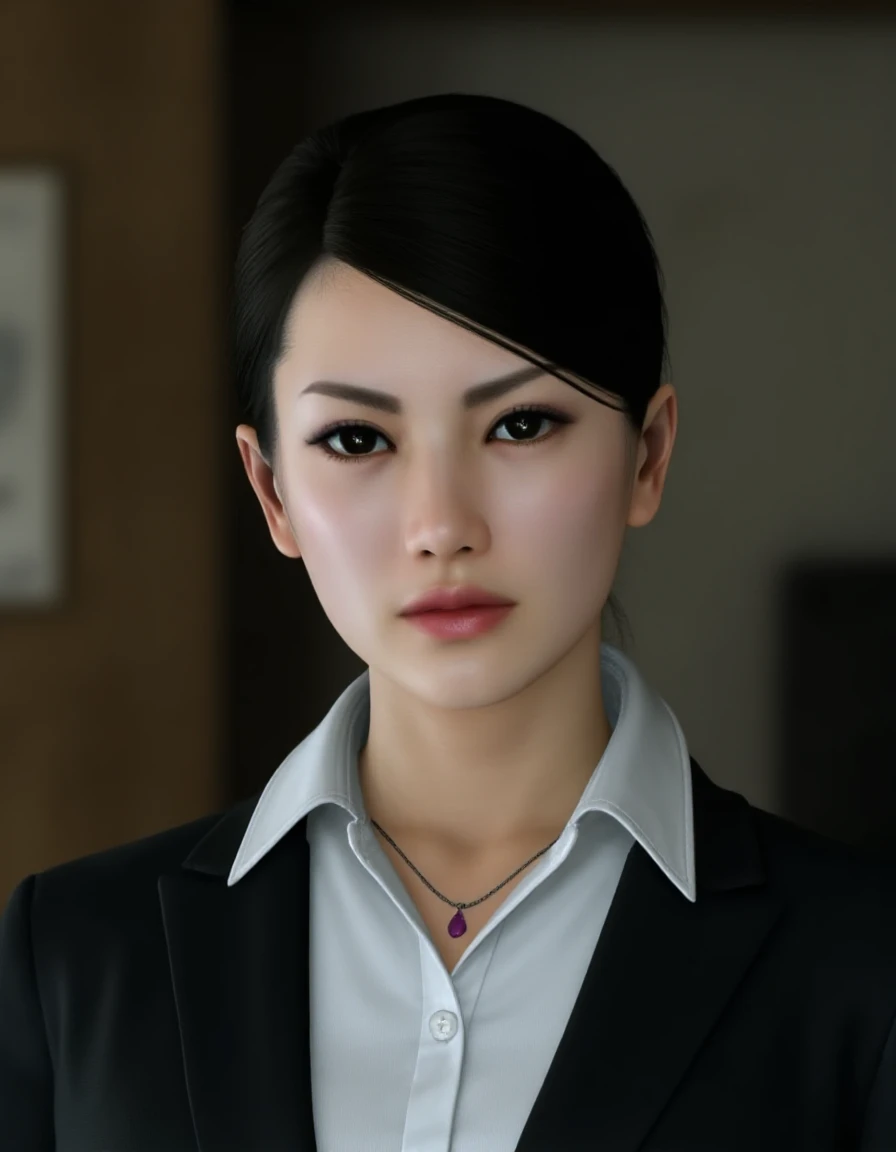 <lora:Kaoru Sayama_epoch_23:1> Photo of an Asian woman. She has bun hairstyle and a serious expression while wearing a necklace, black suit and white shirt. The background implies a Japanese police station.