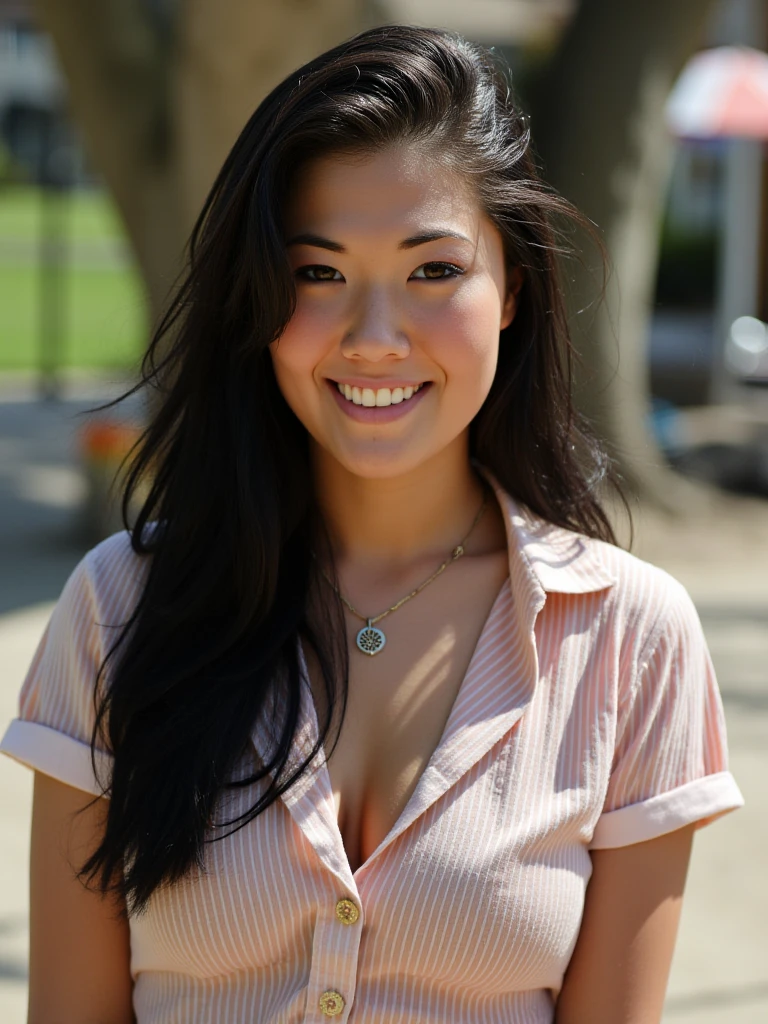 High resolution photograph of <lora:London-Keyes-debut_flux1D_LOREVER:1> londonkeyes. She is a 20yo asian woman, she has long black hair and smile to the viewer. She is wearing a summer shirt. The scene is outdoors in a sunny day. The atmosphere is reminiscent of a holiday, the shadows are deep but detailed and highlights keeps good definition and give the best contrast.