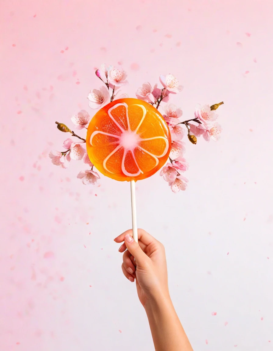 decorated with falling cherry blossoms leaves, gradient pink background, symmetrical image layout, this orange lollipop floating held by an out-of-frame female subject, bright white background, mixed media