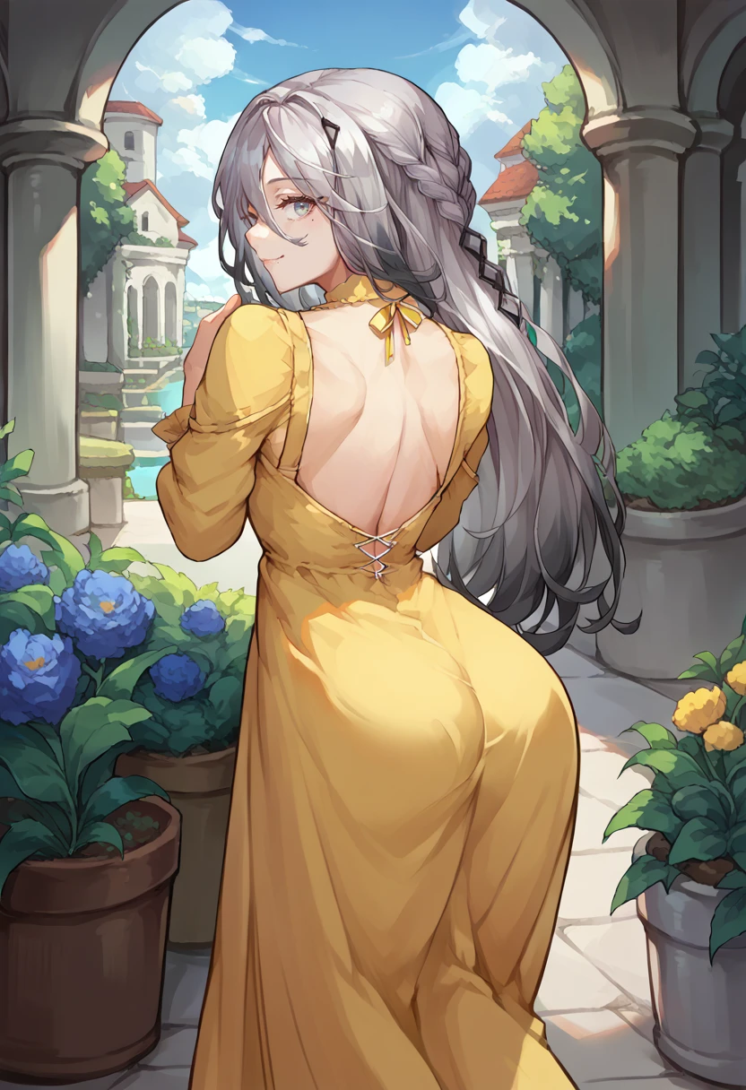 score_9, score_8_up, source_anime, 1girl, solo, SophiaVln, grey eyes, multicolored hair, long hair, braid, mole, from behind, yellow sundress, garden, day, sunshine, smile, looking back, <lora:ChamSophiaValentinePonyXL:1>