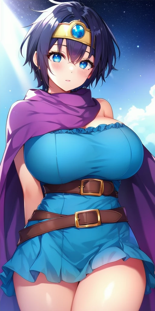 <lora:Irin_ErdrickV5:0.7> Irin_Erdrick_spiked_hair, huge_breasts, standing, solo, arms_behind_back, starry_sky, blue_strapless_microdress_thighs_zettai_ryouiki, cape, belt, circlet,, masterpiece, best_quality, detailed_face, detailed_eyes, highres, beautiful, detailed, absurdres,