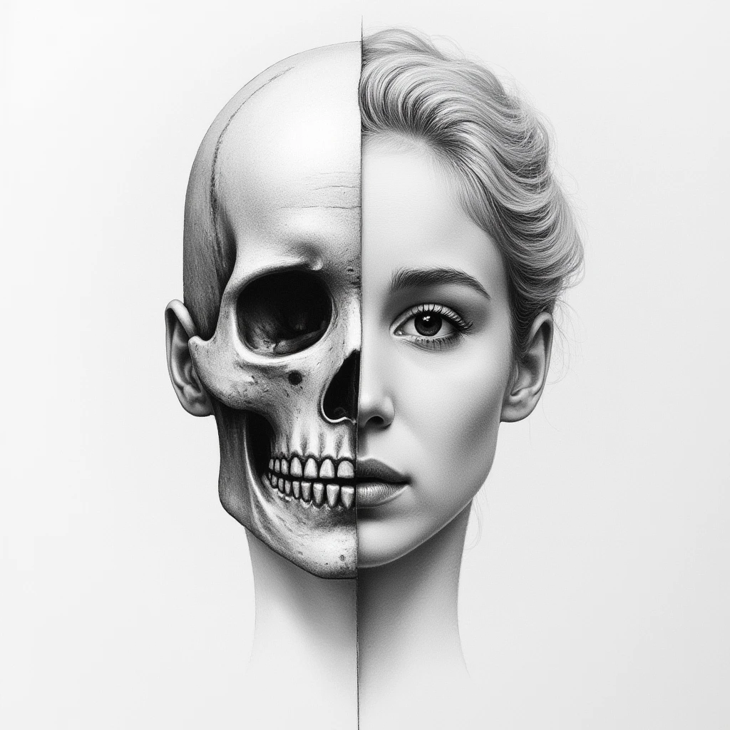 Detailed realistic drawing of the face of a woman facing the viewer but the left half of her face is skull while the right side of her face is normal. She has no hair on the left side of her face only a skull and also her eye-socket is hollow on the left side. , <lora:Alba_Baptista_FLUX_v1-000058:1>