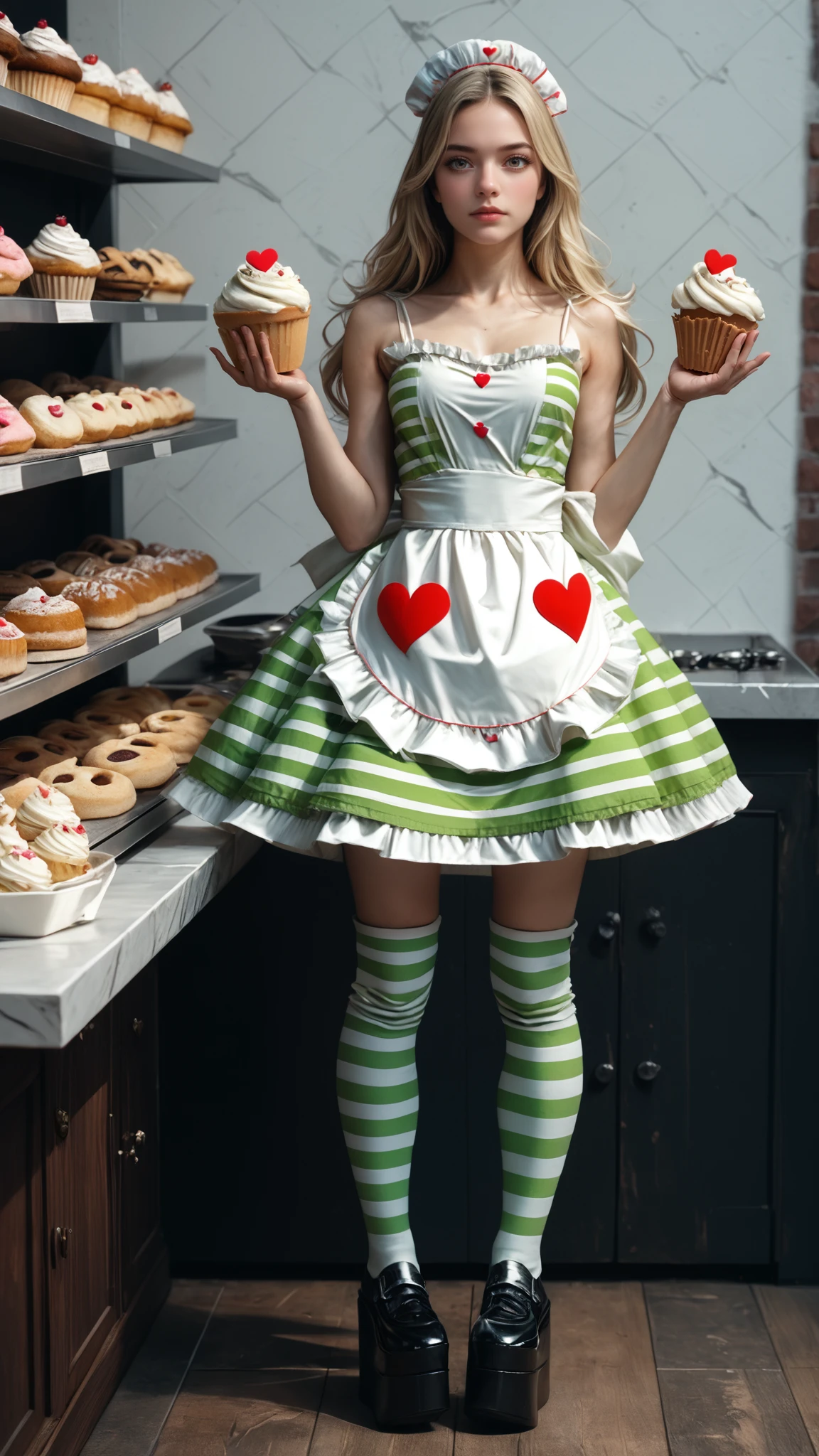 score_9, score_8_up, score_7_up, (reij-limehearted, white dress, green stripes, white ribbin, heart pattern, white stockings with green strips, platform shoes  <lora:reij-limehearted:0.9>), BREAK, PHOTOREALISTIC Face, PHOTOREALISTIC body, (masterpiece, best quality, hires, high resolution:1.2), (extremely detailed, realistic, intricate details, highres), 3d, 1 woman,blonde,updo, white ruffled headwear, bakery, detailed background,pastries, holding a muffin, upper body