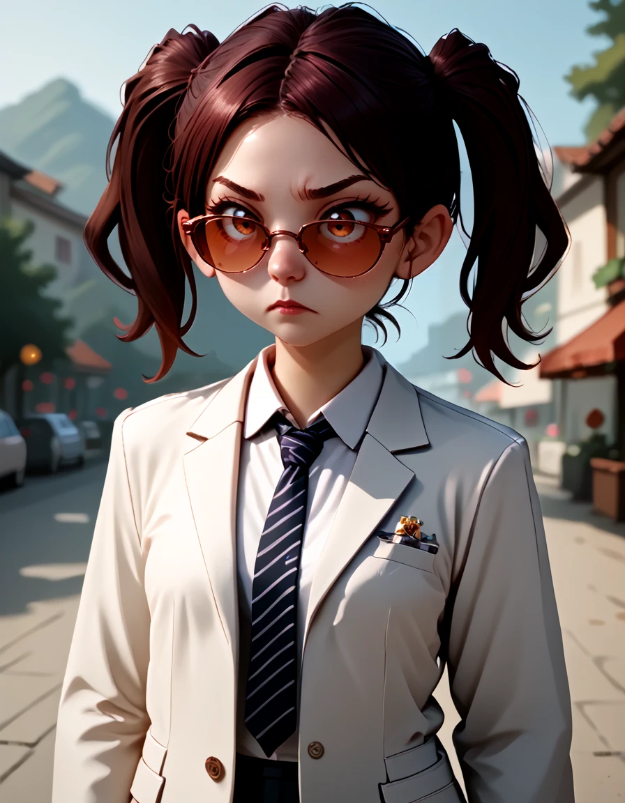 <lora:Plum V3 Pony:0.9> plum, 3d, low poly, plum, 1girl, solo, brown hair, pigtails, dark suit, suit and tie, sunglasses, frown,, source_cartoon, score_9, score_8_up, score_7_up, score_6_up, score_5_up, score_4_up,