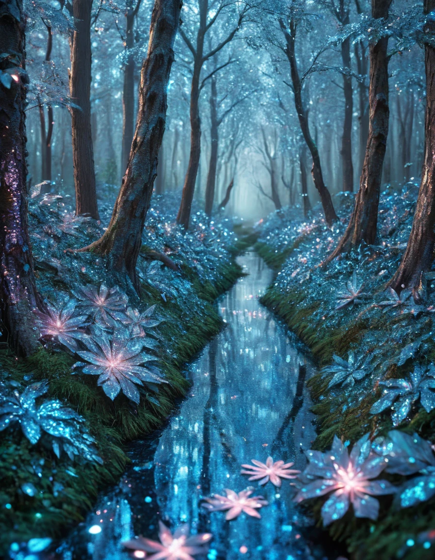 <lora:103_novuschroma_1:1> path through a forest novuschroma style glitter