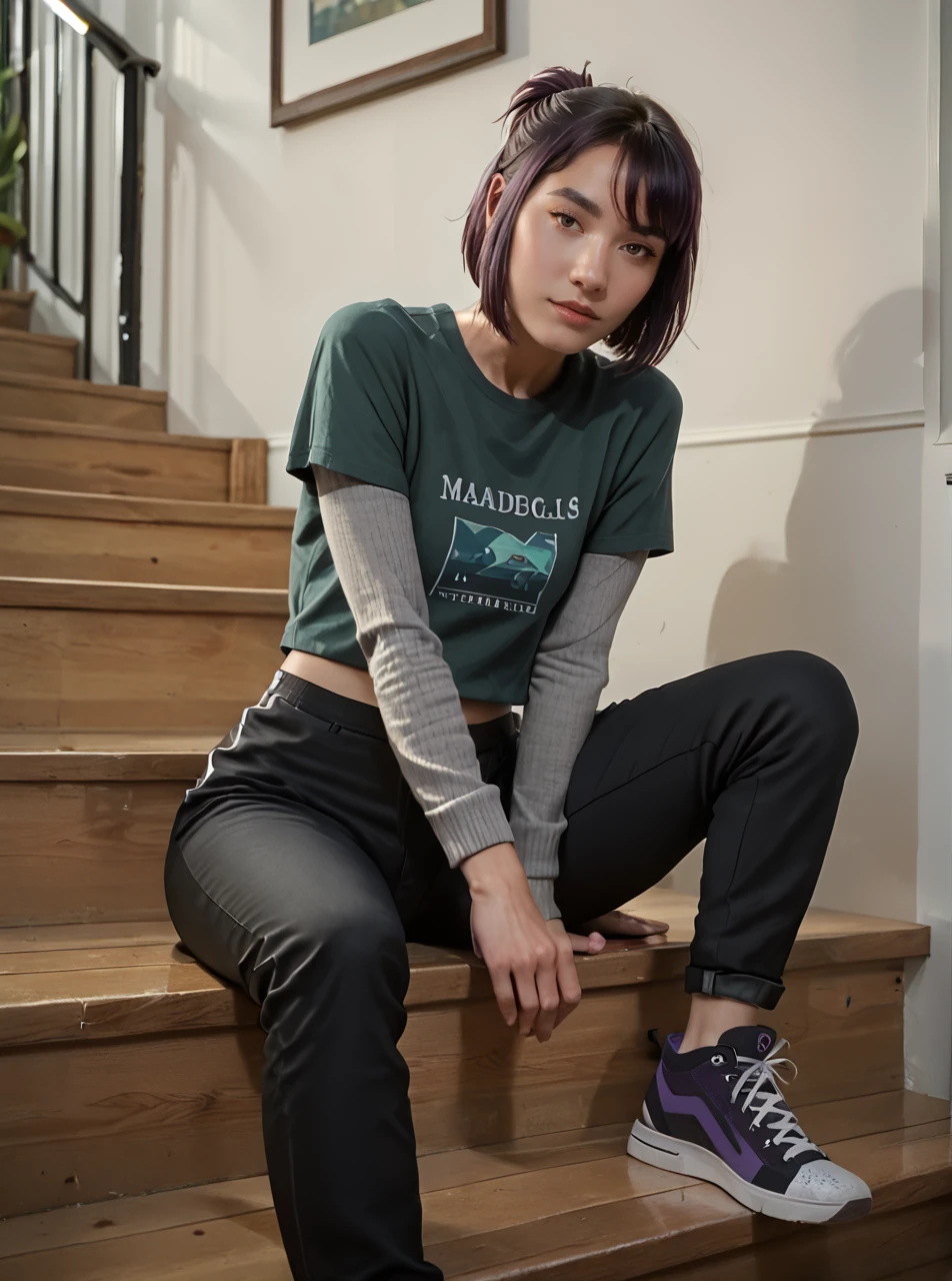 score_9, score_8_up, score_7_up, <lora:maddiekpxl:1>, maddiekpxl, 1girl, short ponytail, green t-shirt, grey sleeves, black pants, sneakers, sitting on steps of American high school, photorealistic,  looking at viewer, half-Asian, dark purple hair,