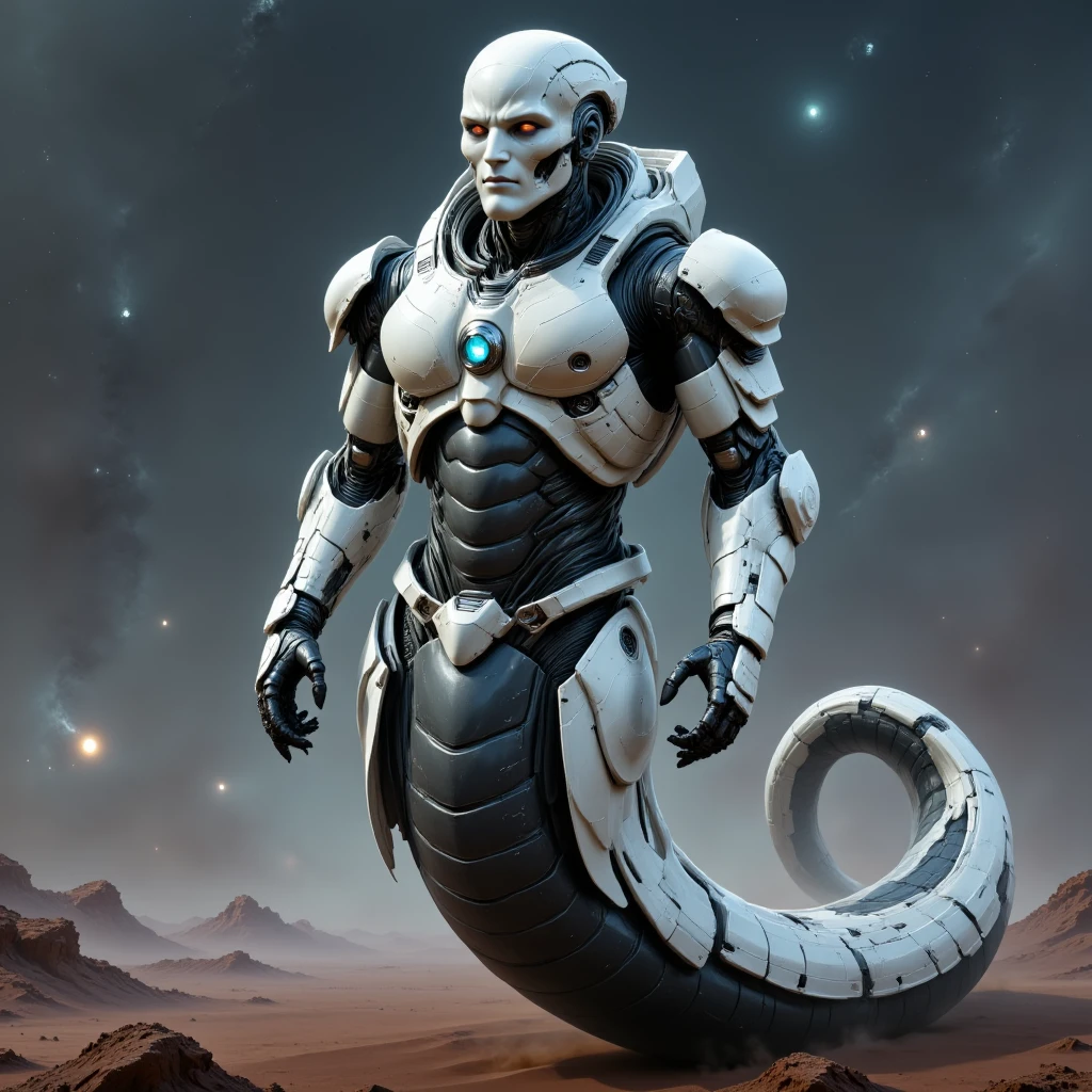 <lora:NagaFlux:1>a naga is a snake-like humanoid creature. An image of a Winter Soldier One arm metallic and robotic naga, in a location that can be described with the keywords supermassive black hole, Arms Wrapped Around Torso, fullbody view