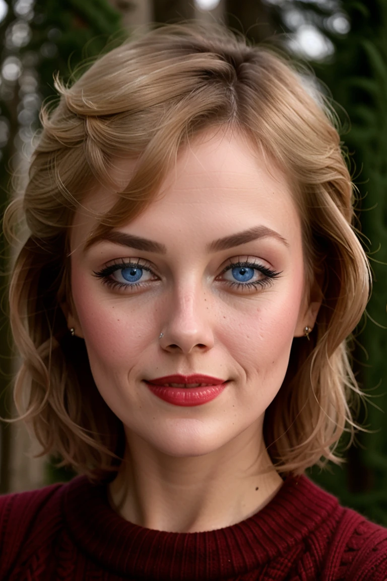 <lora:dianpark-10:0.6>, dianpark,, a photo of a woman, short hair, sweater, outdoors, snow, trees, red lipstick, blush, ((detailed eyes, detailed face):1.2)