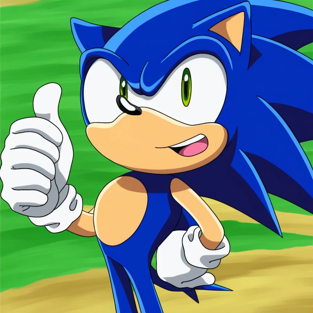 sonic the hedgehog, white gloves, thumbs up, green eyes, in a field, solo