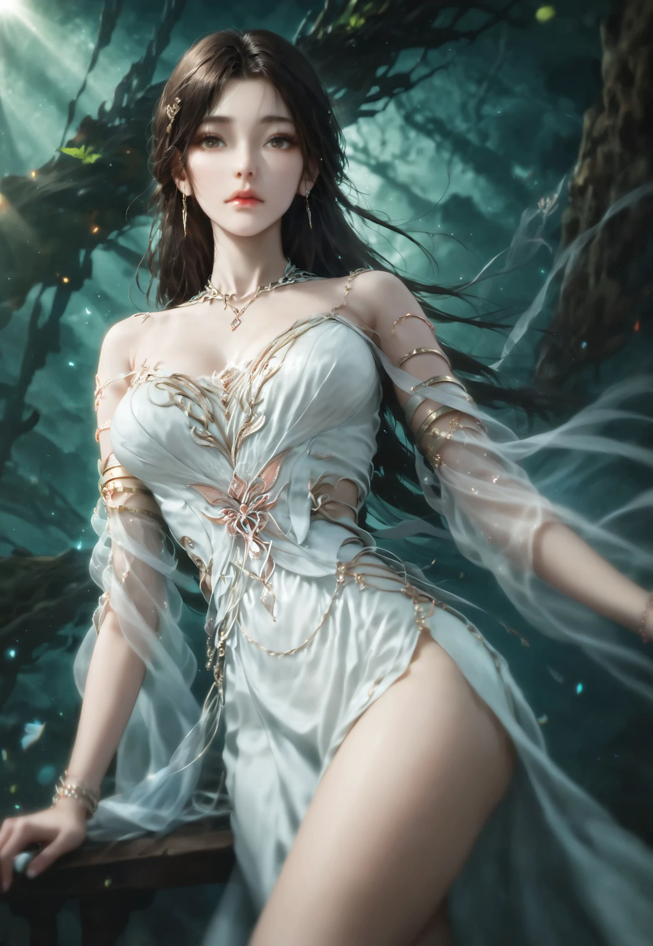 safe_pos, huolinger, dark brown long hair, white_dress, Aesthetic body, golden ratio body, long leg, thin waist, perfect butt, medium breasts, moaning, seductive face, wide view pov, (Ultra Realistic:1.0),32k,(Masterpiece:1.0),(High Detailed Skin:1.0),( High Quality:1.0), (Detailed Realistic Background:1.3), (Official Art, Beautiful and Aesthetic:1.2), (Realistic Lighting:1.0), (score_9, score_8_up, score_7_up, high detailed, high quality, masterpiece, no text, quality highlights, 8k detail, detailed background, source_anime, dynamic view, hentai, ultra-detailed, BREAK 1girl, (((solo))), female focus, expressiveh, (((warm skin))), (((dark brown hair))), (((large tie hair))), bangs, (light brown eyes), (big eyes), gorgeous girl, beautiful eyes, (ultra detailed face), (closed mouth), thick lips, ((incredibly sexy)), ((necklace)), (jewelry), (armlets), bracelets, big earrings, (medium breast), (big butt), (), (sexy thighs), (pelvic curtain), (focus on face), (eyes wide), (looking at viewer), sexy pose, (close-up), (upper body), focus on face, BREAK dark abstract background, sunlight, (SkinHairDetail:0.95)