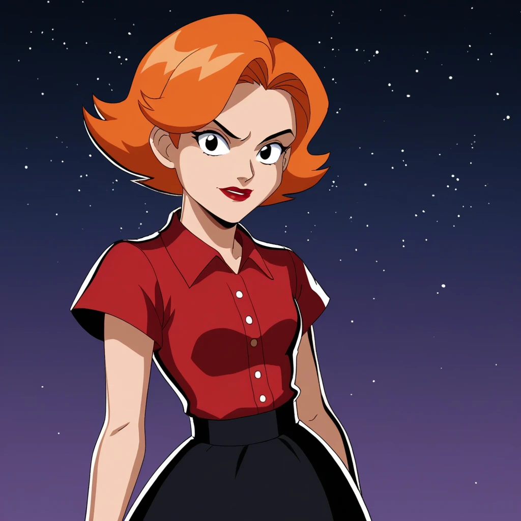 score_9_up, score_8_up, BREAK, TAspiez, 1girl, solo, orange  hair, short hair, black eyes, lipstick, red shirt, black skirt, cowboy shot, <lora:The_amazing_spiez_Style_PXL_Leaf2:1>,  starry background,