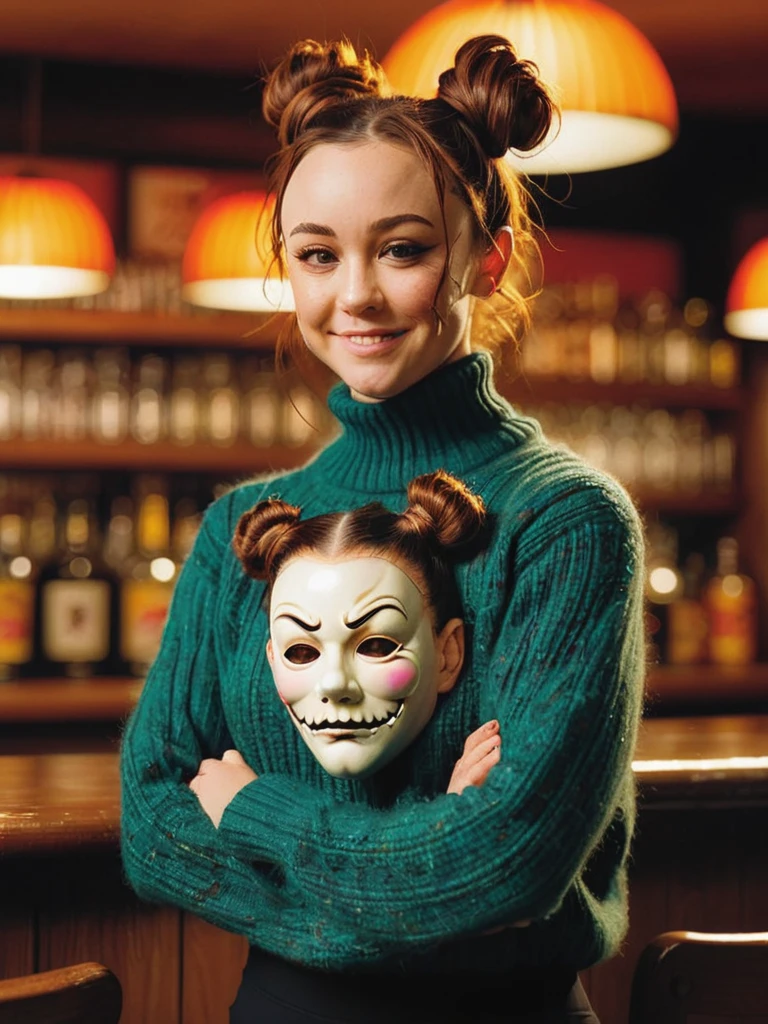 a professional absurdres sharp focus intricately detailed full torso photograph of a beautiful 
(Danielle_Harris:1.0), 
with a shy grin and a medium medium length wavy auburn hair tied up into two buns,
in a (bar), wearing an (ugly turtleneck sweater:1.1) and yoga pants,  holding a michael myers mask,
<lora:Danielle_Harris_r1:1.0>,
 <lora:blurXL:1> blur, portrait