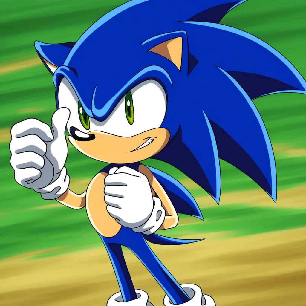 sonic the hedgehog, white gloves, thumbs up, fighting stance, green eyes, tall, in a field, solo