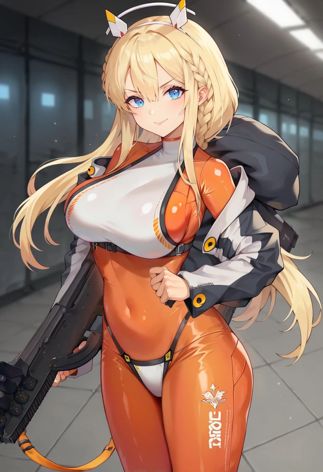 Smiling girl in a revealing see-through mechanical micro bikini in yellow and orange with shiny wet skin,Gal-like ponytail,Fully transparent glass texture micro bikini armor,水色ライトの透明なMechanical Armor,（Highest quality）,（8k）,Mechanical Armor,Show all,（Thinly visible genitals）,Accentuated breasts,Mechanical firearms equipment,Eyebrows rise,Bullish expression,Blonde,Don&#39;t blush,Laugh with your mouth closed,Standing on a white floor,White background,（Show the whole body）,View your viewers