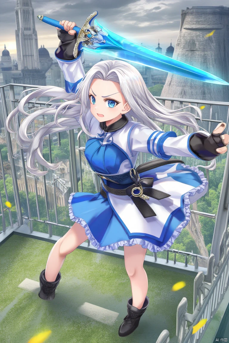 An illustration by artist Torino Aqua. A girl with long white hair and blue eyes. She is wearing a white and blue dress with a black belt around her waist. She has black boots on her feet and black gloves on her hands. Her hair is blowing in the wind and she is holding a sword in her right hand. The sword is a bright blue color. Behind her is a gray brick wall with green grass growing on it. Behind the wall is a white fence and behind the fence are buildings. The sky is filled with dark gray clouds.