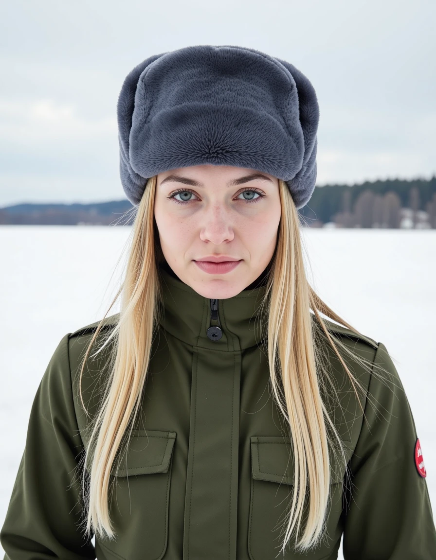 (high definition), (cinematic) photo of  a woman wearing a plain grey ushanka, standing in a snowy field wearing a green camo military uniform, snowy background, blue eyes, blonde hair, highly detailed face and eyes, <lora:ushanka:1>