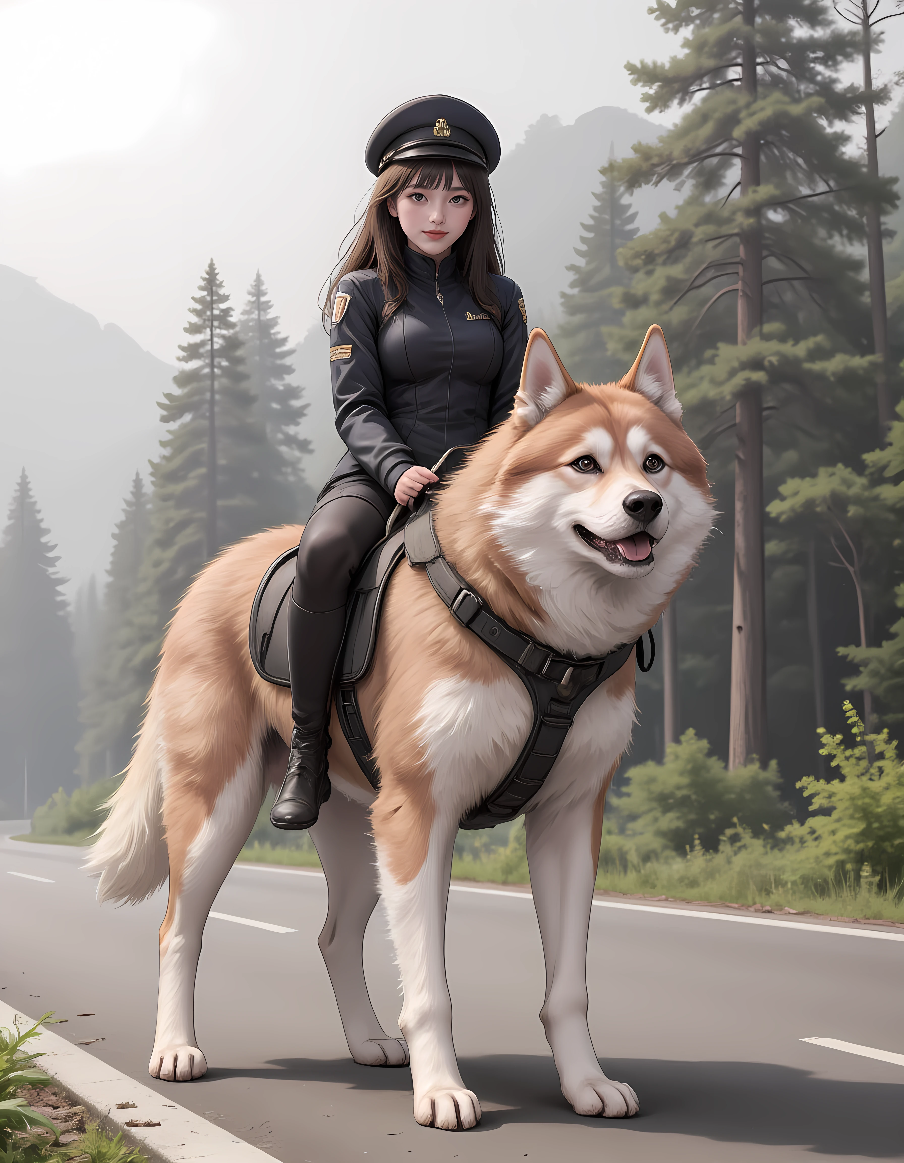 a girl riding a large husky <lora:pink2:0.9>