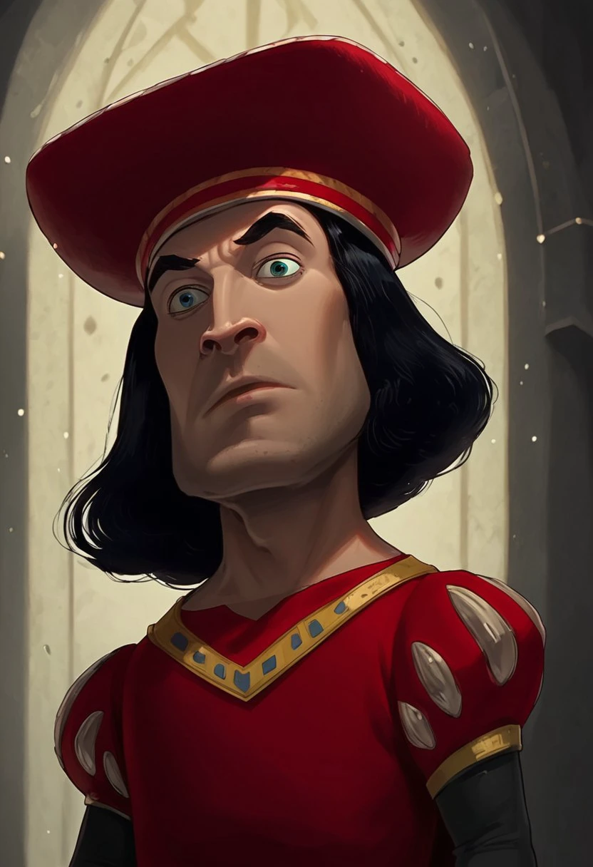 score_9, score_8_up, score_7_up, BREAK, 1men portrait, dramatic lights ((lord farquaad. farquaad. short. short man. shortstack. black hair, red clothes, hat, big hat))