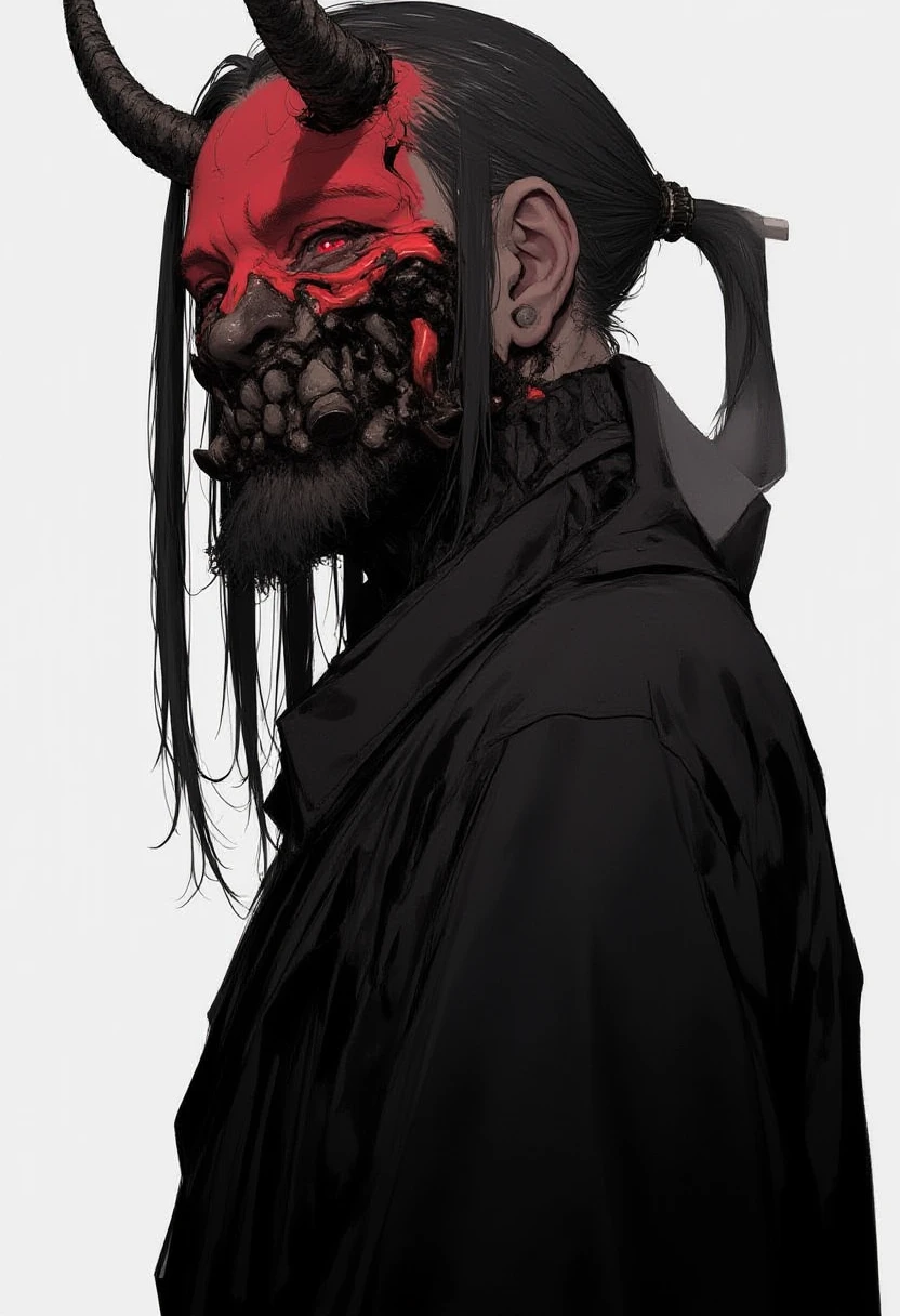 A red-faced horned and bearded man with a ponytail and a black coat is depicted in this illustration. S1n0z1ck style