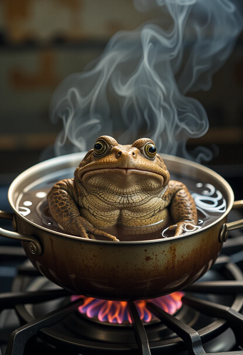 breathtaking, best quality, masterpiece, Photorealistic, The toad sat in the pot, slowly boiling on a flame stove, The water had just come to a simmer, and the toads skin was starting to turn pink. The toads eyes were wide with fear, and it was making small, croaking noises, award winning