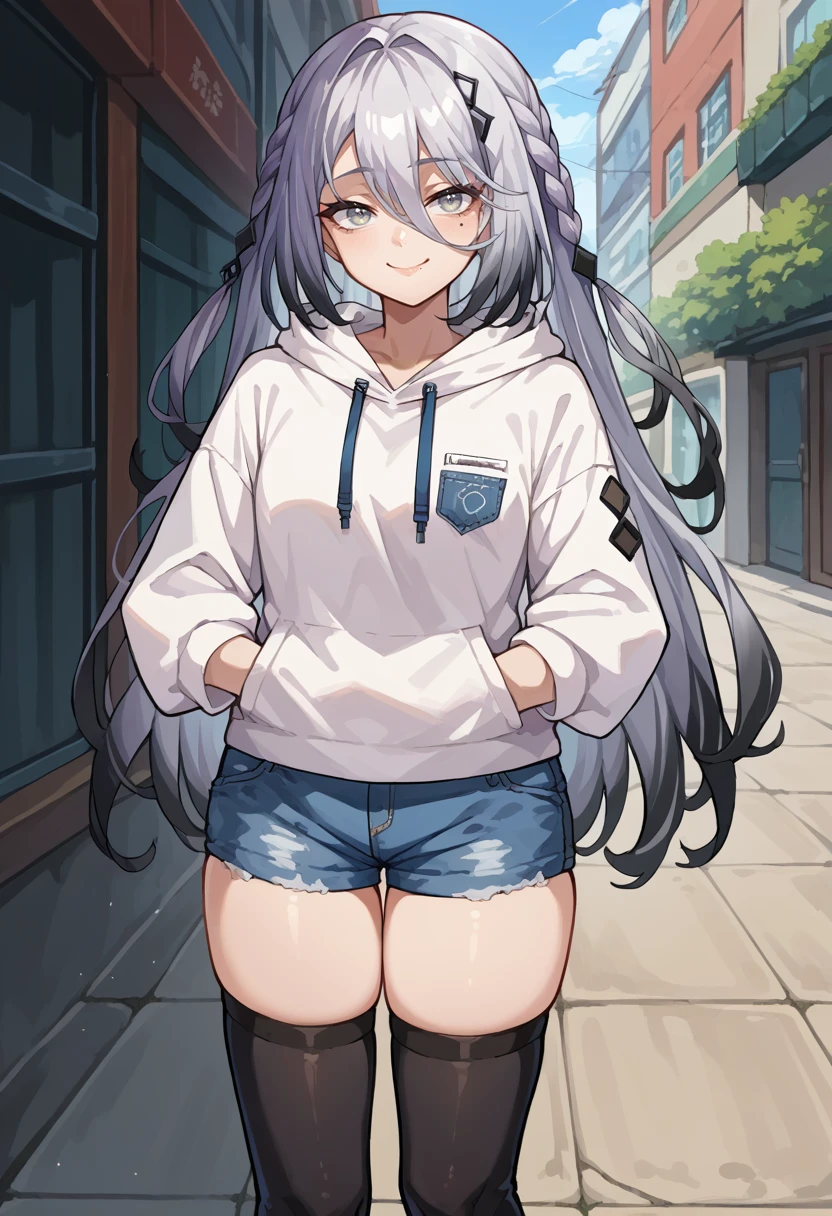 score_9, score_8_up, source_anime, 1girl, solo, SophiaVln, grey eyes, multicolored hair, long hair, braid, mole, white hoodie, denim shorts, black thighhighs, skindentation, hands in pockets, outdoors, smile, smug, <lora:ChamSophiaValentinePonyXL:1>