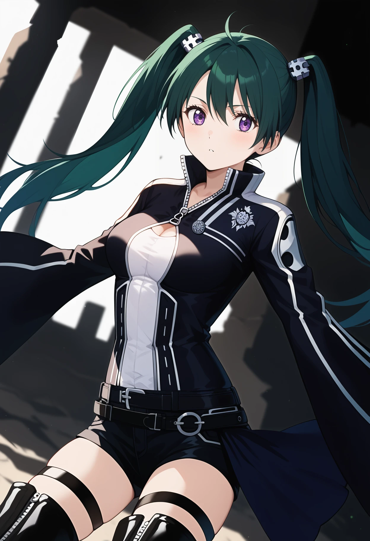 score_9, score_8_up, score_7_up, score_6_up, score_5_up, score_4_up, source_anime, bblee, long hair, green hair, black hair, twintails, hair ornament, purple eyes, medium breasts, white shirt, black jacket, wide sleeves, long sleeves, black gloves, zipper pull tab, belt, short shorts, black shorts, thigh strap, thigh boots, <lora:lenalee_lee_ponyxl_v1:0.9>, standing, cowboy shot, ruins, fighting stance,