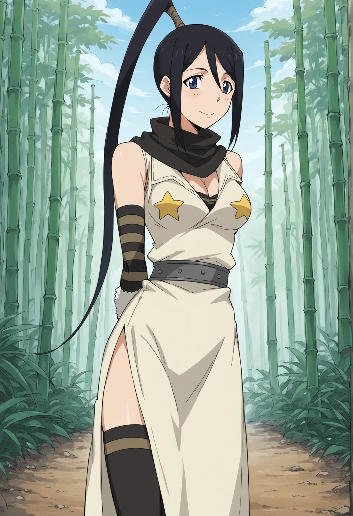 1girl, long hair, black hair, blue eyes, high ponytail, ninja, scarf, medium breasts, cleavage, sleeveless, arm warmers, fur trim, belt, long skirt, side slit, single thighhigh, star (symbol), arched back, arms behind back, smile, outdoors, bamboo forest, cowboy shot, close-up <lora:Tsubaki_soul_eater_v2:0.8>, score_9, score_8_up, score_7_up, score_6_up, score_5_up, score_4_up, BREAK source_anime, masterpiece