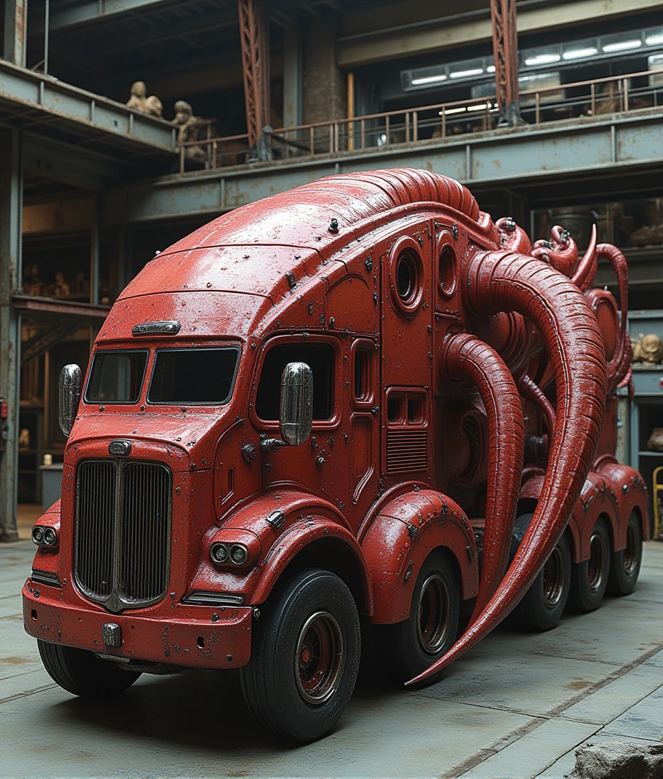 zerg-style,a truck is creature-like in factory,made by flesh and crustaceans