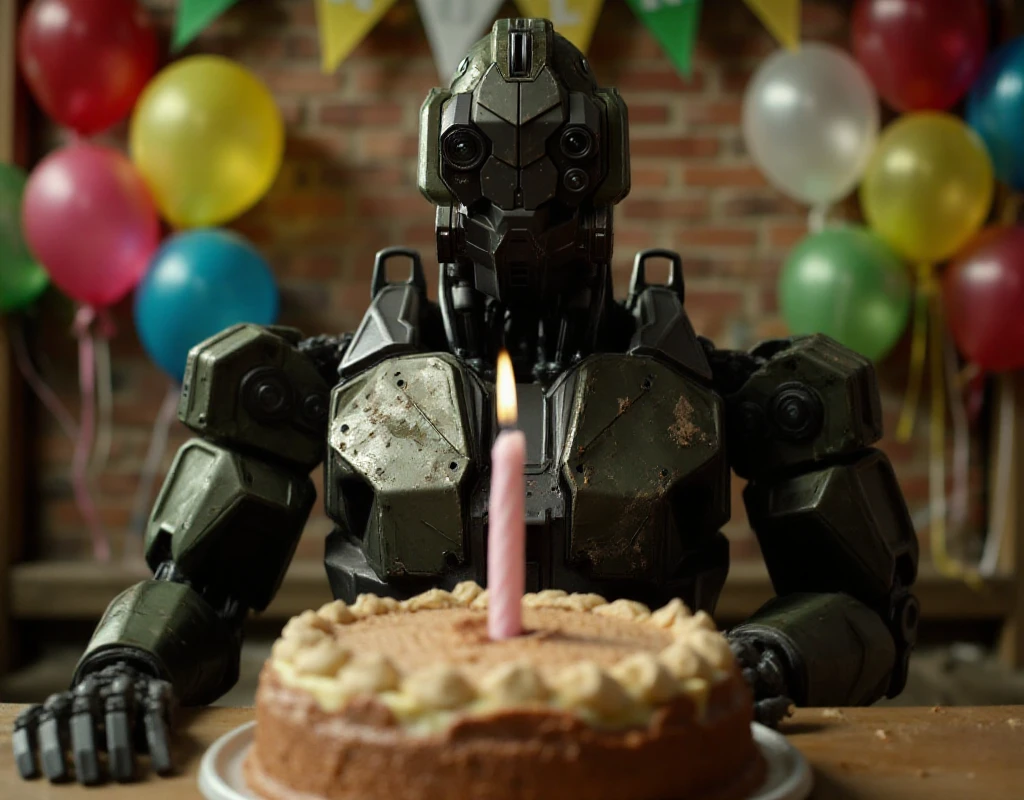 Monster of man robot is sitting in front of a birthday cake with a candle. Balloons and birthday decorations <lora:Monster_of_man:0.9>