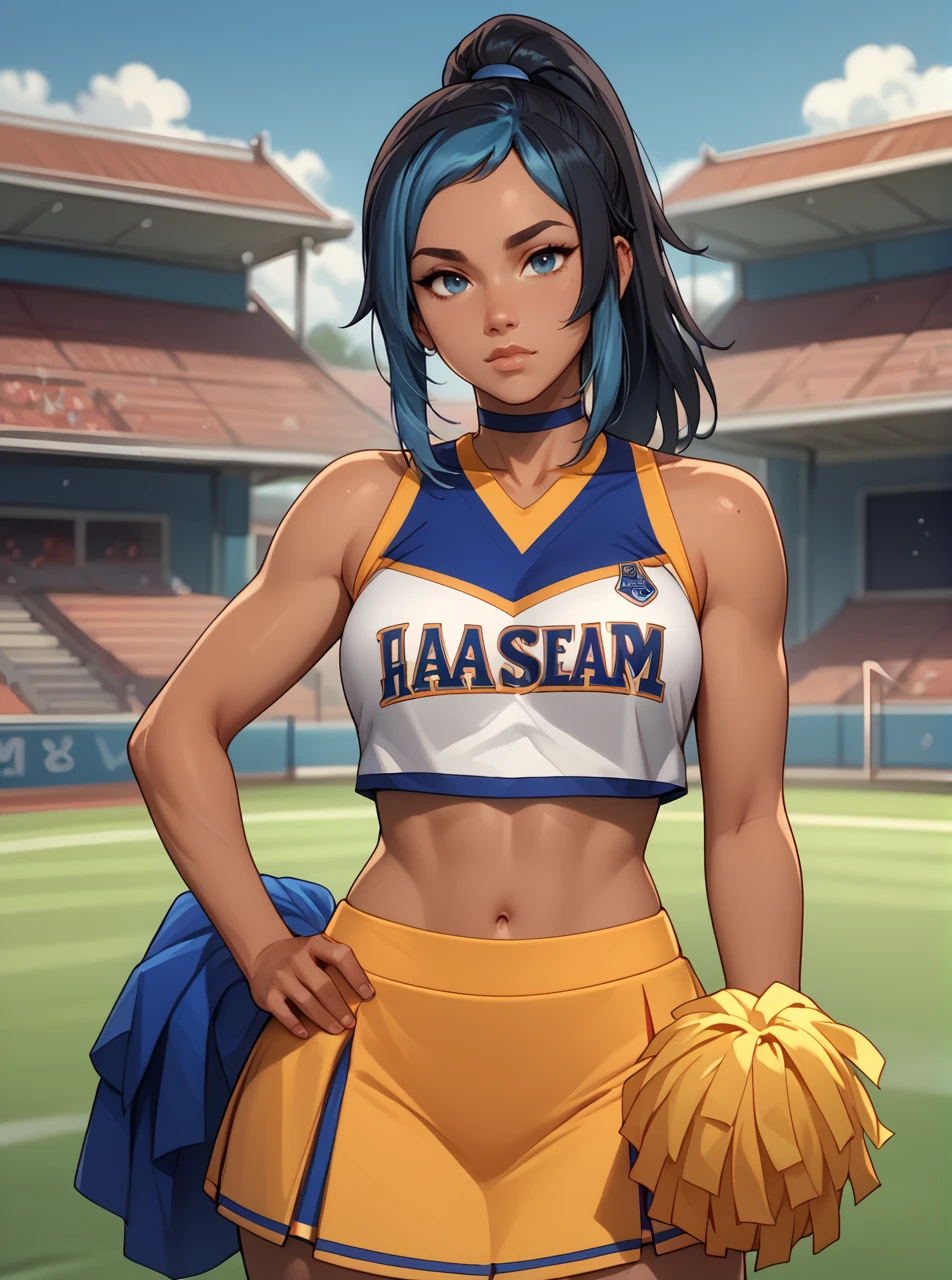 score_9, score_8_up, score_7_up, <lora:hannahpxl:0.8>, hannahpxlm, 1girl, cartoon, western animation, looking at viewer, flat colors, outline, dark skin, football field, black hair, blue hair, cheerleader, ponytail,