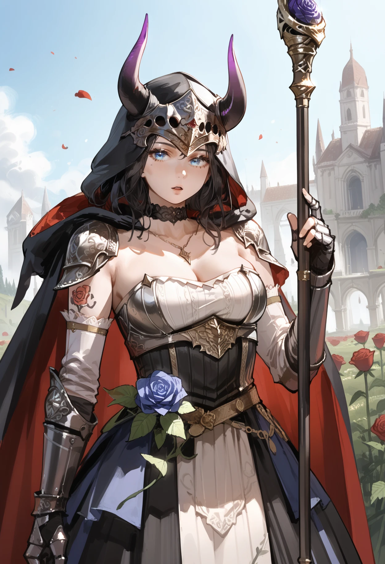 score_9, score_8_up, score_7_up, score_6_up, score_5_up, score_4_up,
<lora:EldenRingV1.1:0.8> 3ld3n, 
1girl, long hair, breasts, looking at viewer, open mouth, blue eyes, skirt, black hair, 1boy, gloves, dress, holding, jewelry, bare shoulders, standing, flower, weapon, outdoors, parted lips, horns, detached sleeves, choker, medium hair, elbow gloves, hood, holding weapon, necklace, striped clothes, cape, armor, strapless, tattoo, mask, rose, helmet, shoulder armor, polearm, staff, gauntlets, strapless dress, cloak, hood up, blue flower, pauldrons, purple flower, holding staff, arm tattoo, blue rose, hooded cloak, knight, full armor, black cloak, purple rose, black armor