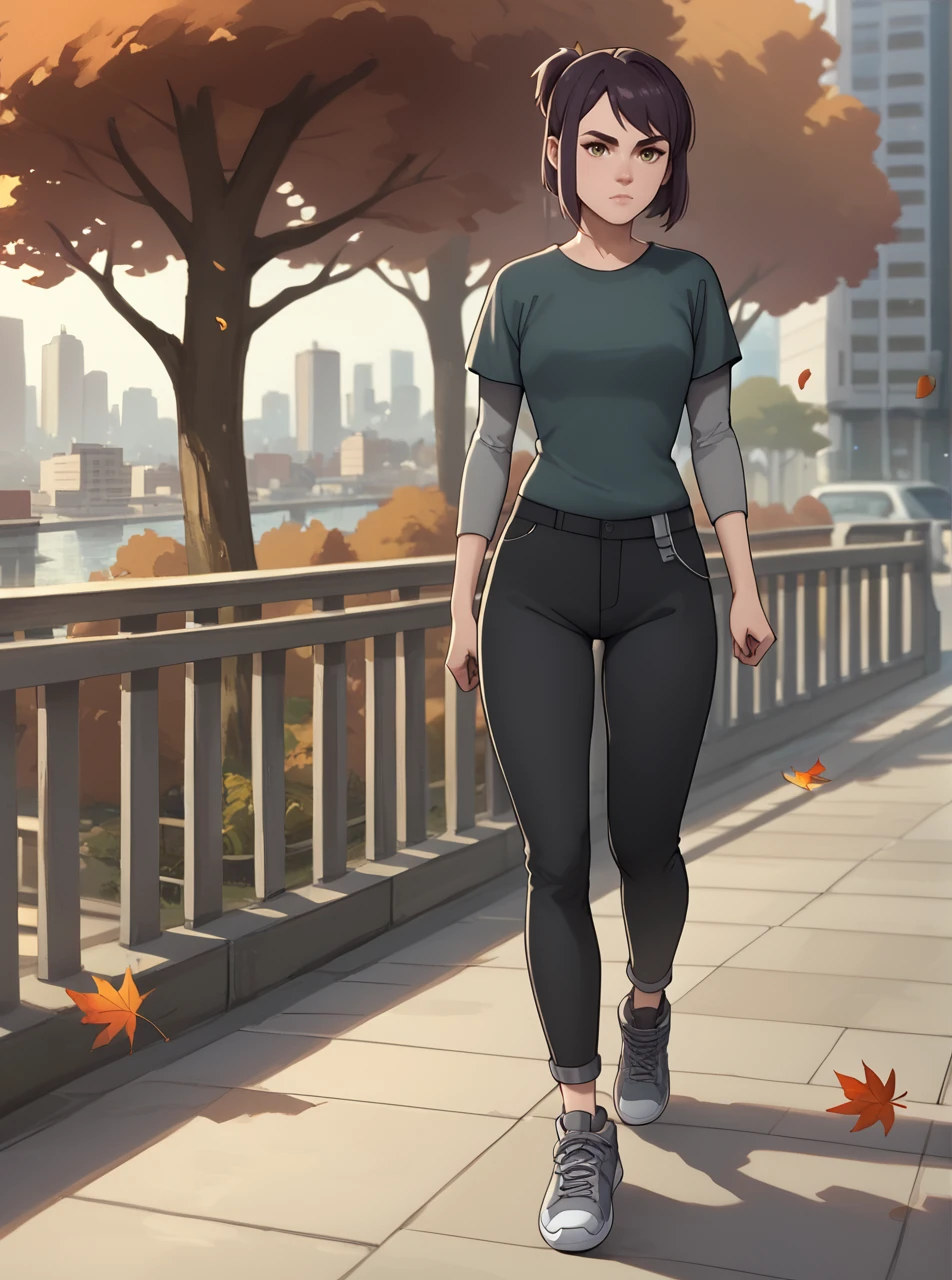 score_9, score_8_up, score_7_up, <lora:maddiekpxl:1>, maddiekpxl, 1girl, walking in the city, cartoon, short ponytail,grey undershirt, green t-shirt, black pants, sneakers, , windy, leaves blowing, autumn, looking at viewer,